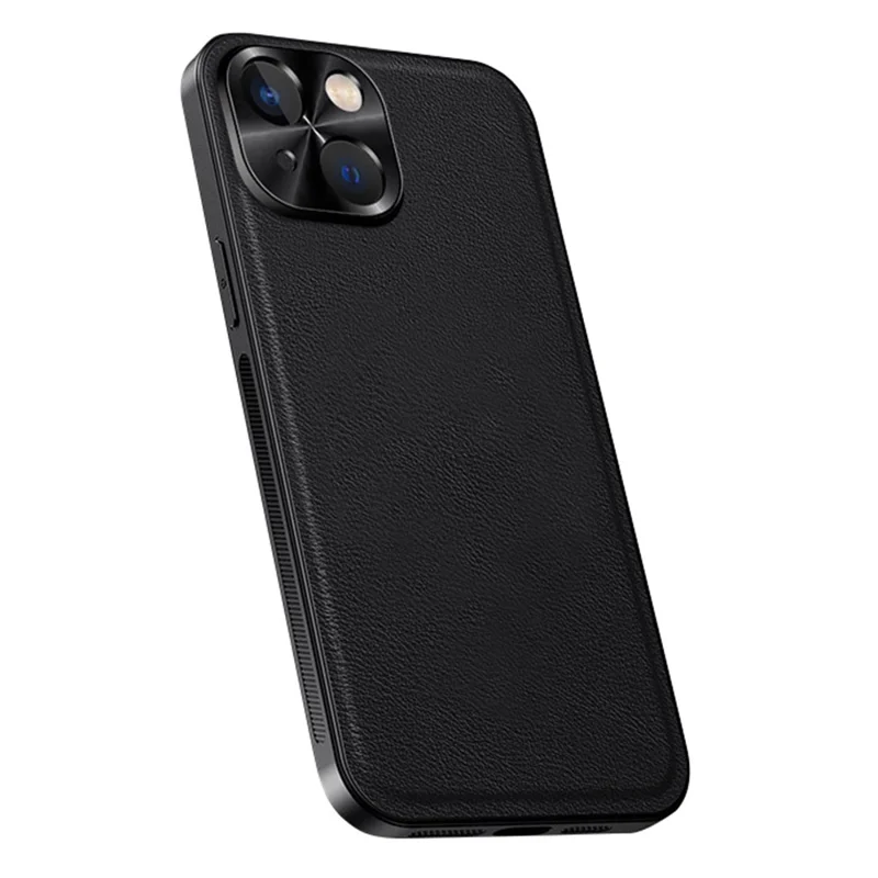 For iPhone 15 Case PU + TPU + PC Phone Back Cover with Metal Lens Frame - Black