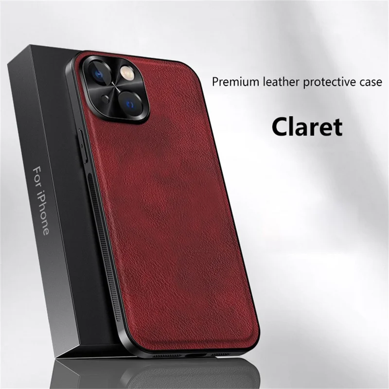 For iPhone 15 Case PU + TPU + PC Phone Back Cover with Metal Lens Frame - Wine Red