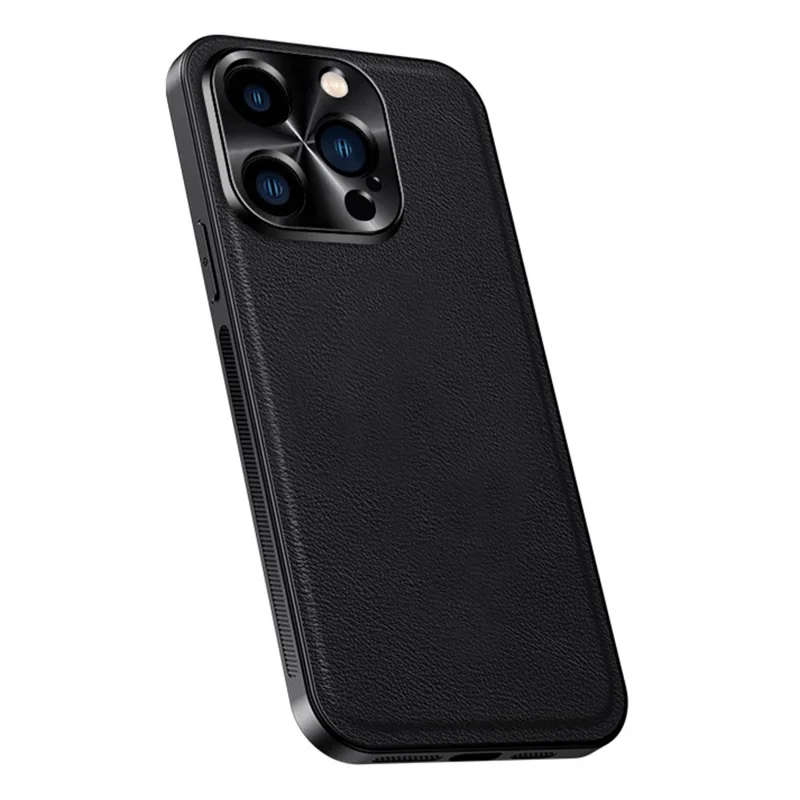 For iPhone 15 Pro Case PU + TPU + PC Phone Back Cover with Metal Lens Frame - Black