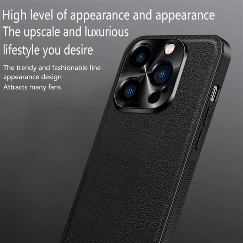 For iPhone 15 Pro Max Case PU + TPU + PC Phone Back Cover with Metal Lens Frame - Black