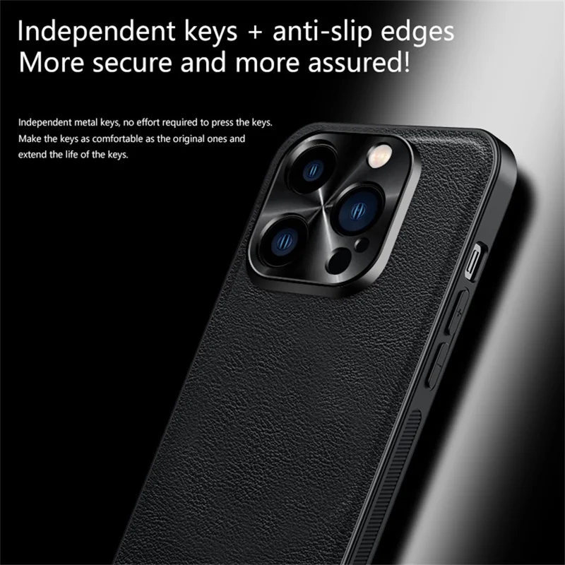 For iPhone 15 Pro Max Case PU + TPU + PC Phone Back Cover with Metal Lens Frame - Black