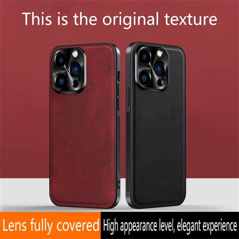 For iPhone 15 Pro Max Case PU + TPU + PC Phone Back Cover with Metal Lens Frame - Black