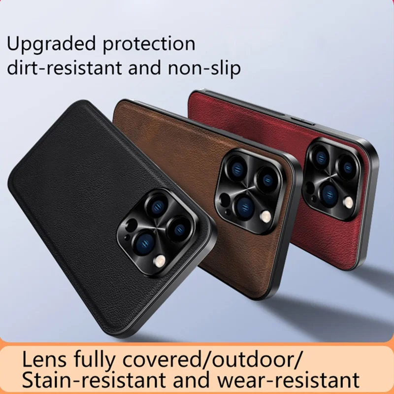 For iPhone 15 Pro Max Case PU + TPU + PC Phone Back Cover with Metal Lens Frame - Black