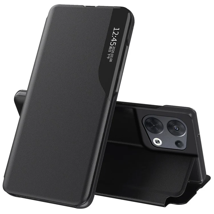 Для Oppo Reno8 Pro+ 5G (глобальная версия) / Reno8 Pro 5G (глобальная версия) Чехол-книжка для телефона с окном просмотра из искусственной кожи с подставкой - черный