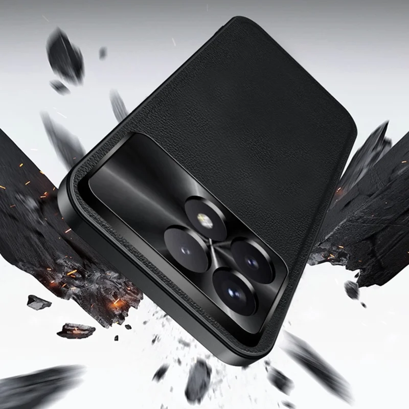 Für Xiaomi Redmi K70 5G / Poco F6 Pro 5G Hülle PU + TPU + PC Handyrückseite mit Metall-Objektivrahmen - Schwarz