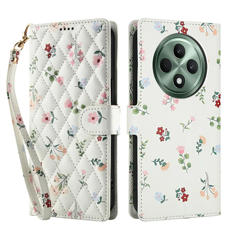 Wallet Case for Oppo Reno12 F 5G / 4G / F27 5G Rhombic Floral Design Leather Flip Phone Cover with Strap - A1