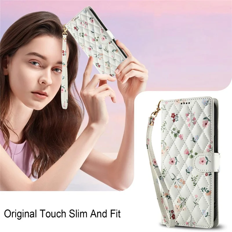 Étui portefeuille pour Oppo A5x 5G / A3x 5G (Inde) / A3x 4G / A3 4G / A3 5G / A60 5G / A40 4G / A40M 4G Motif Rhombique Floral Housse de téléphone en cuir avec Lanière - A1