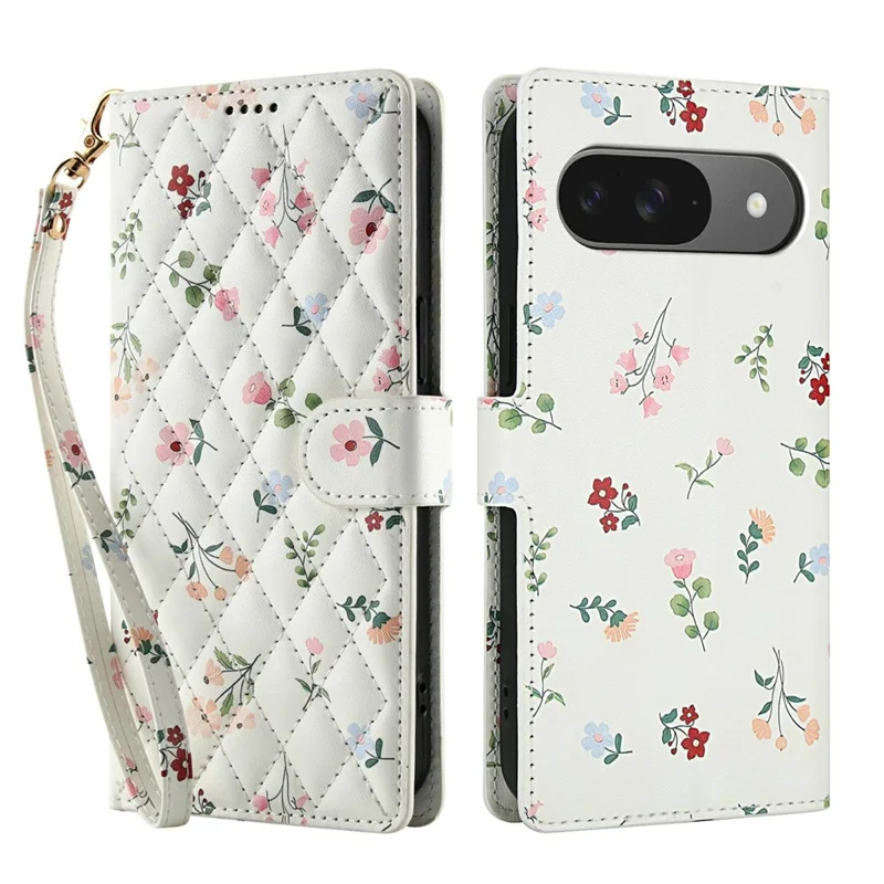 Wallet Case for Google Pixel 10 Pro / 10 / 9 Pro / 9 Rhombic Floral Design Leather Flip Phone Cover with Strap - A1