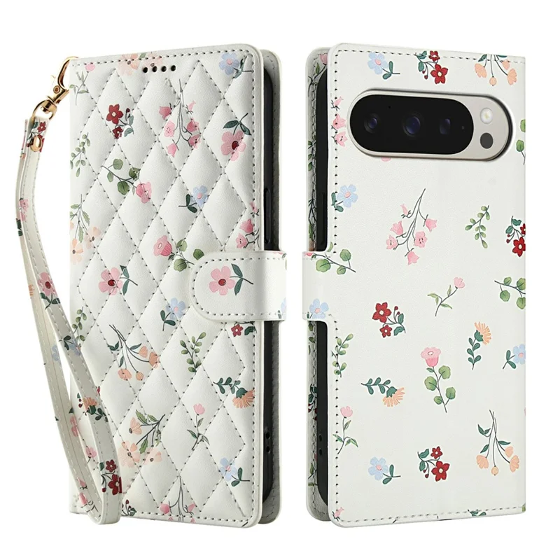 For Google Pixel 10 Pro XL  / 9 Pro XL Wallet Case Rhombic Floral Design Leather Flip Phone Cover with Strap - A1