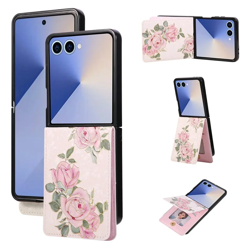 For Samsung Galaxy Z Flip7 5G Case Flower Leather PC RFID Blocking Phone Cover Card Slots - Rose Flower