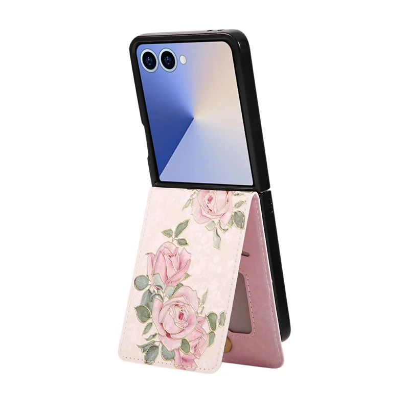 For Samsung Galaxy Z Flip7 5G Case Flower Leather PC RFID Blocking Phone Cover Card Slots - Rose Flower