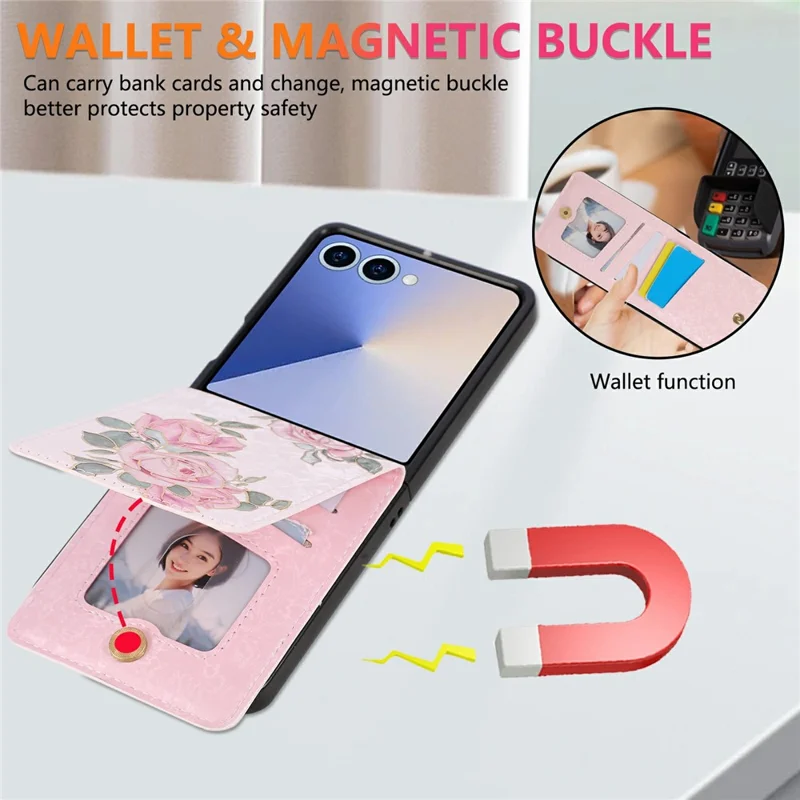 For Samsung Galaxy Z Flip7 5G Case Flower Leather PC RFID Blocking Phone Cover Card Slots - Rose Flower