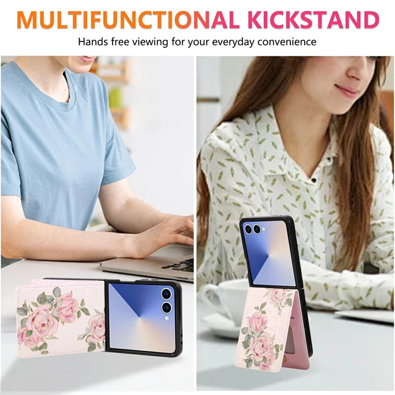 For Samsung Galaxy Z Flip7 5G Case Flower Leather PC RFID Blocking Phone Cover Card Slots - Rose Flower