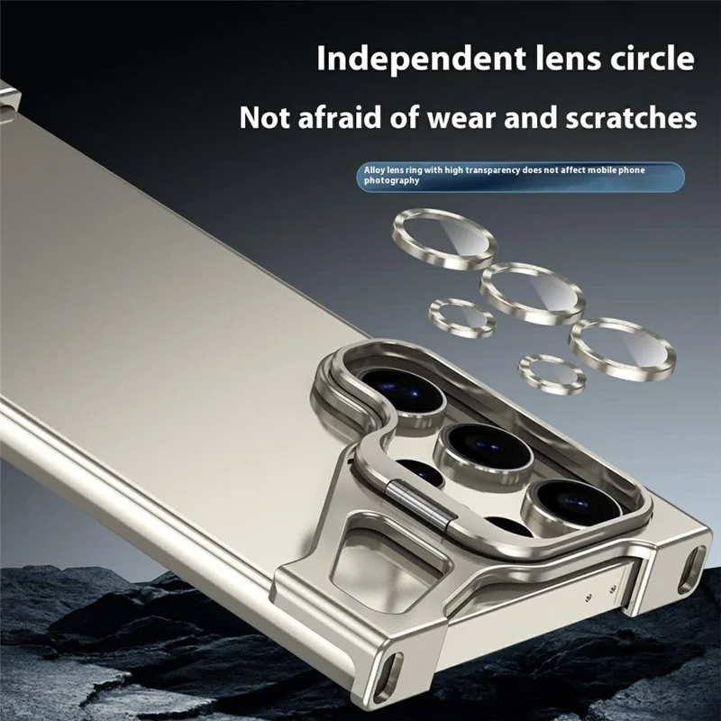 For Samsung Galaxy S23 Ultra Bumper Case Lens Kickstand Heat Dissipating Metal Corner Phone Cover - Titanium