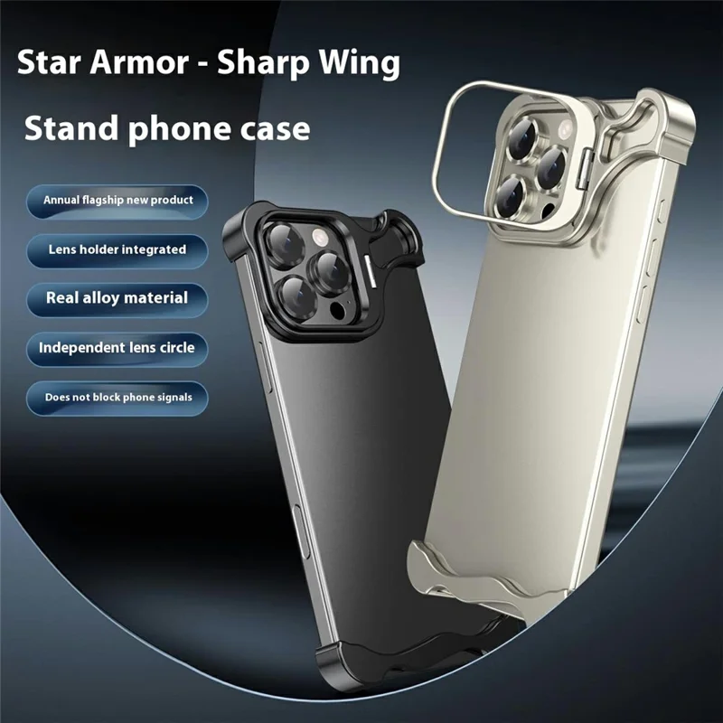 For iPhone 16 Pro Bumper Case Lens Kickstand Heat Dissipating Metal Corner Phone Cover - Titanium