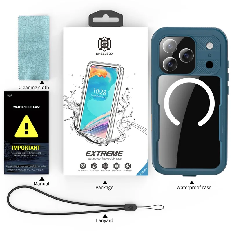 SHELLBOX Custodia Impermeabile IP68 Compatibile con MagSafe per iPhone 17 Pro - Trasparente Blu