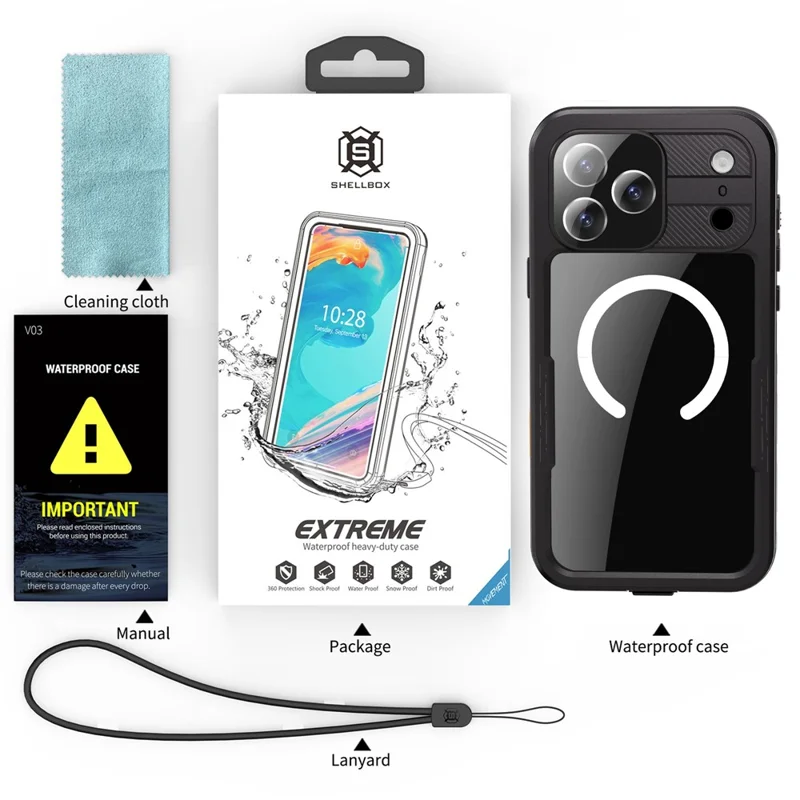 SHELLBOX Pour iPhone 17 Pro Max Coque Étanche IP68 Compatible avec MagSafe Housse de Téléphone Transparente - Noir