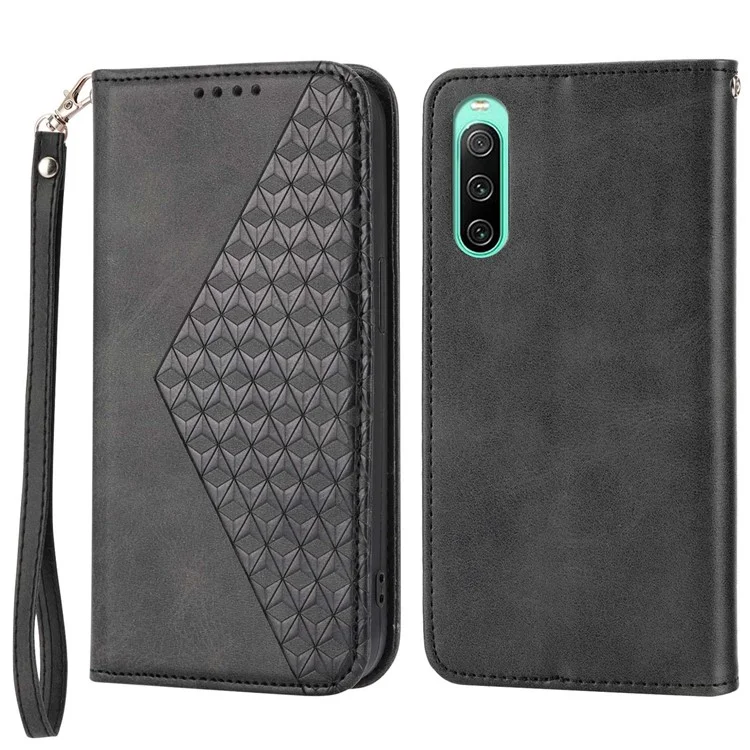 Para Sony Xperia 10 IV 5g Textura PU PU Catura Pantela Partelha de Rhombus Impressão Tampa de Telefone Magnética Com Cinta - Preto