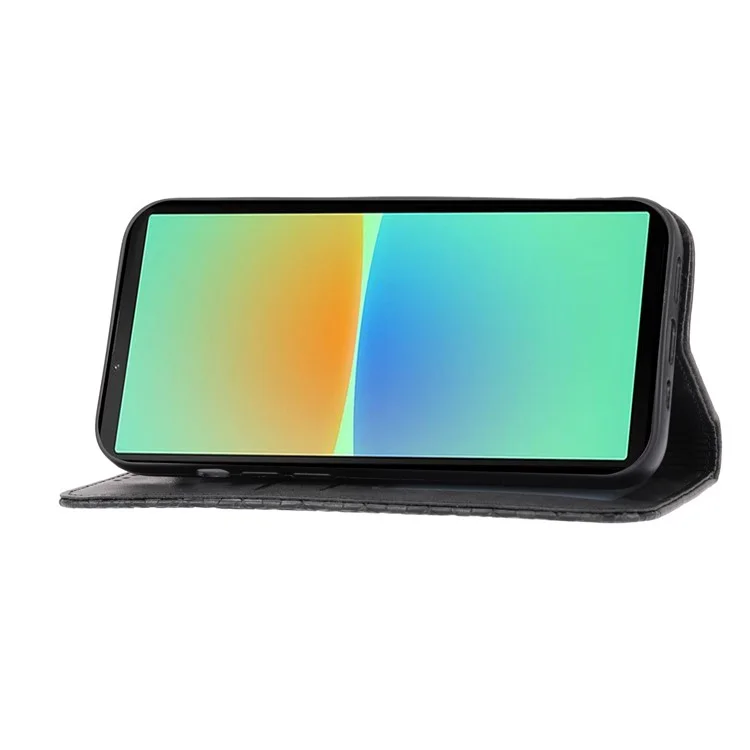 Para Sony Xperia 10 IV 5g Textura PU PU Catura Pantela Partelha de Rhombus Impressão Tampa de Telefone Magnética Com Cinta - Preto