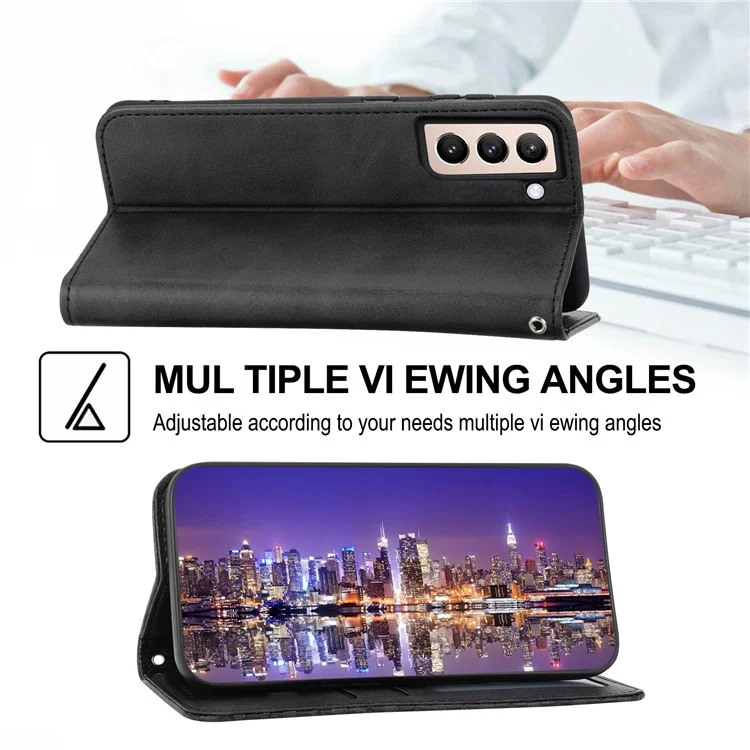 For Samsung Galaxy S21 FE 5G Calf Texture Imprinted Rhombus Pattern PU Leather Case Stand Wallet Magnetic Auto Closing Cover with Strap - Black