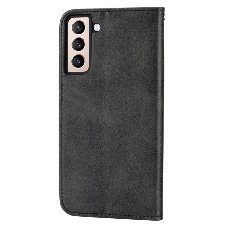 For Samsung Galaxy S21 FE 5G Calf Texture Imprinted Rhombus Pattern PU Leather Case Stand Wallet Magnetic Auto Closing Cover with Strap - Black
