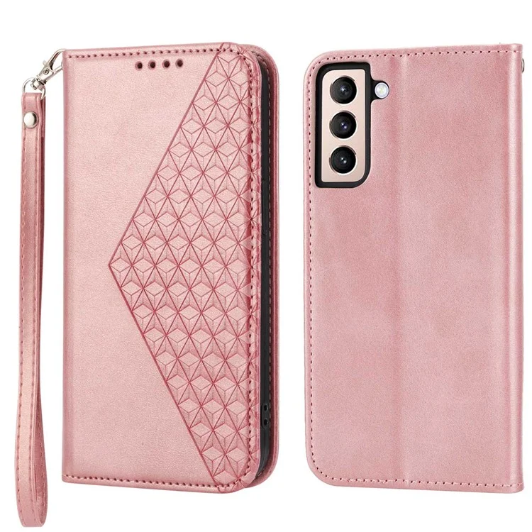 Per Samsung Galaxy S21 fe 5G Texture Polpaccio di Vitello Impronte Rombo Modello PU Custodia Puro Coperchio Magnetic - Oro Rosa