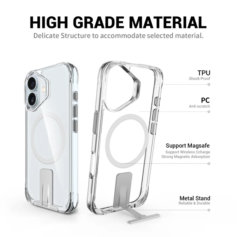 Hoesje voor iPhone 17, compatibel met MagSafe, transparant hoesje van TPU + PC met standaard - Transparant
