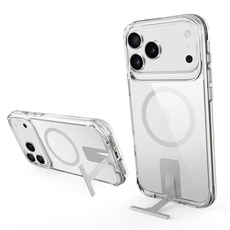 Coque pour iPhone 17 Pro Max Compatible avec MagSafe TPU + PC Étui de Téléphone Transparent avec Béquille - Transparent