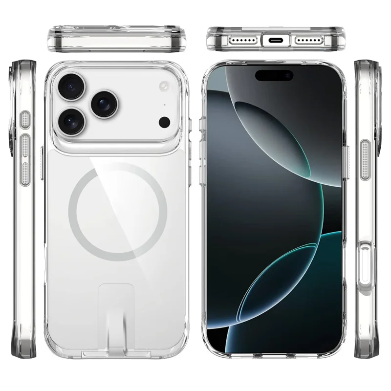 Coque pour iPhone 17 Pro Max Compatible avec MagSafe TPU + PC Étui de Téléphone Transparent avec Béquille - Transparent