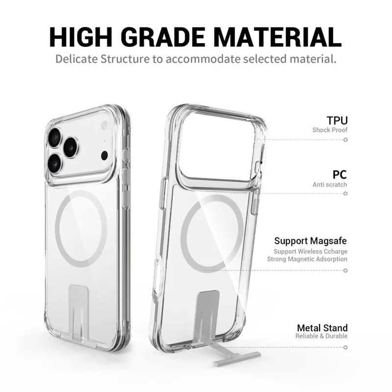 Coque pour iPhone 17 Pro Max Compatible avec MagSafe TPU + PC Étui de Téléphone Transparent avec Béquille - Transparent