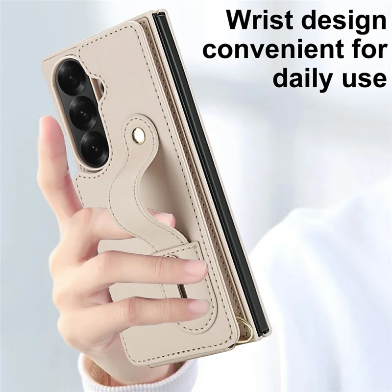 Funda para Samsung Galaxy Z Fold6 5G con Soporte, Ranuras para Tarjetas, Cubierta de TPU Revestida de Cuero con Correa para el Hombro - Beige