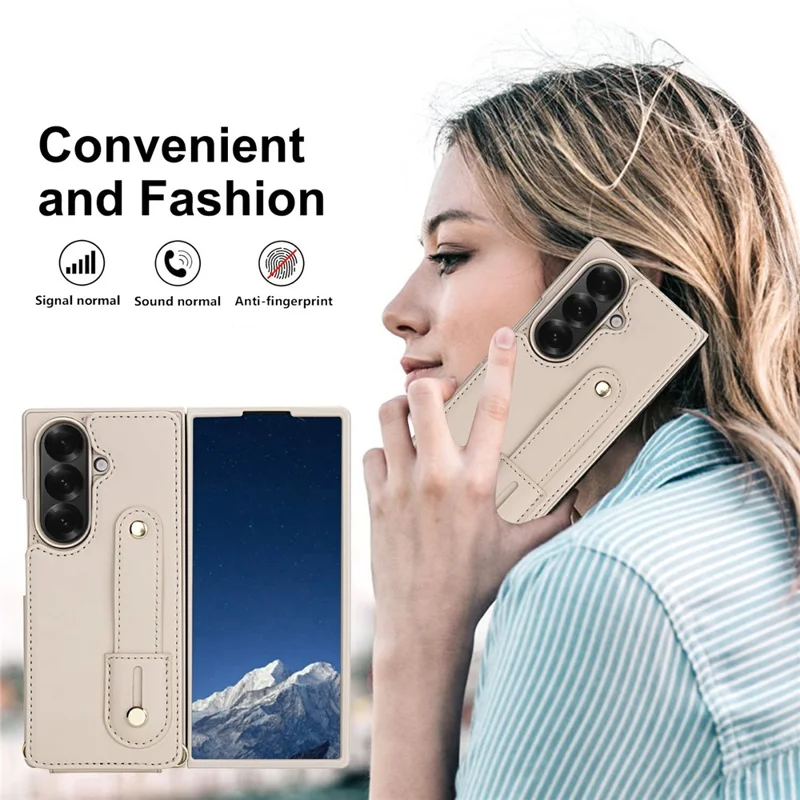Funda para Samsung Galaxy Z Fold6 5G con Soporte, Ranuras para Tarjetas, Cubierta de TPU Revestida de Cuero con Correa para el Hombro - Beige