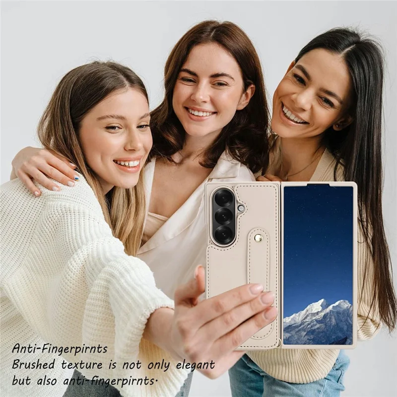 Funda para Samsung Galaxy Z Fold6 5G con Soporte, Ranuras para Tarjetas, Cubierta de TPU Revestida de Cuero con Correa para el Hombro - Beige