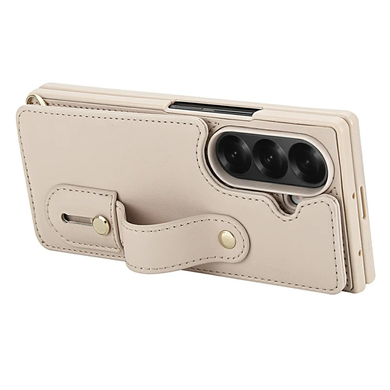 Funda para Samsung Galaxy Z Fold6 5G con Soporte, Ranuras para Tarjetas, Cubierta de TPU Revestida de Cuero con Correa para el Hombro - Beige