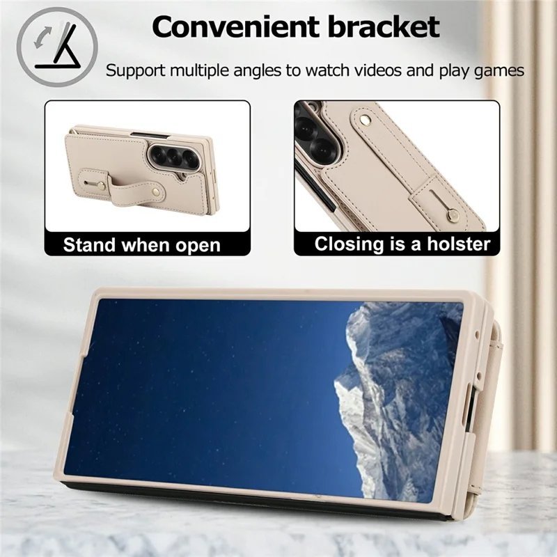 Funda para Samsung Galaxy Z Fold6 5G con Soporte, Ranuras para Tarjetas, Cubierta de TPU Revestida de Cuero con Correa para el Hombro - Beige