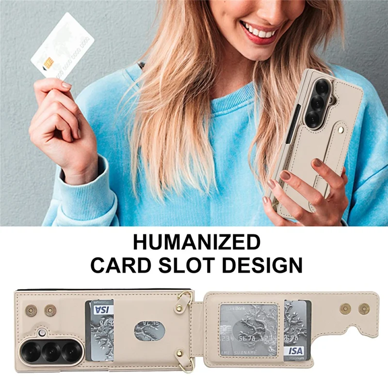 Funda para Samsung Galaxy Z Fold6 5G con Soporte, Ranuras para Tarjetas, Cubierta de TPU Revestida de Cuero con Correa para el Hombro - Beige