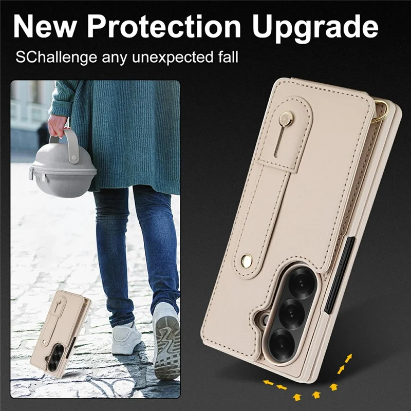 Funda para Samsung Galaxy Z Fold6 5G con Soporte, Ranuras para Tarjetas, Cubierta de TPU Revestida de Cuero con Correa para el Hombro - Beige