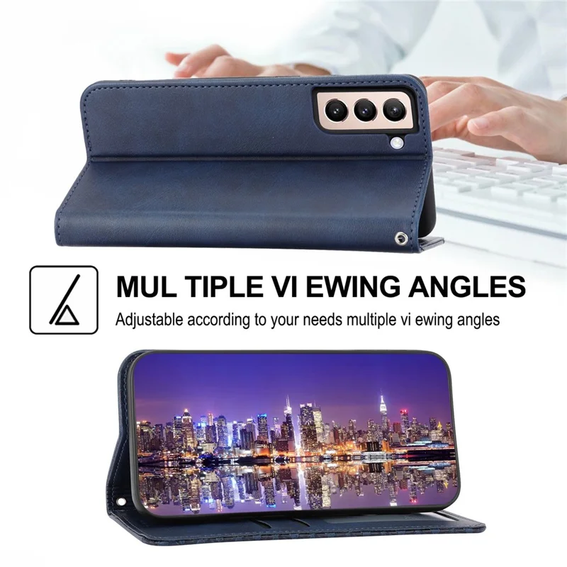 For Samsung Galaxy S22+ 5G Calf Texture PU Leather Imprinted Rhombus Pattern Case Phone Wallet Stand Cover with Strap - Blue