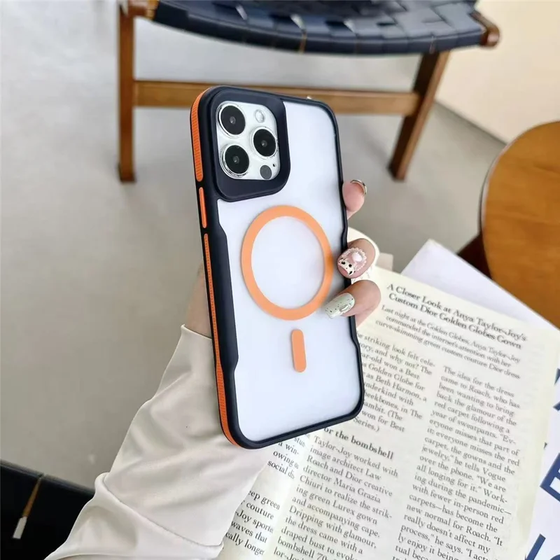 Cover posteriore per iPhone 16 Pro Max magnetico, in TPU e PC touch effetto pelle, antiurto - Arancione