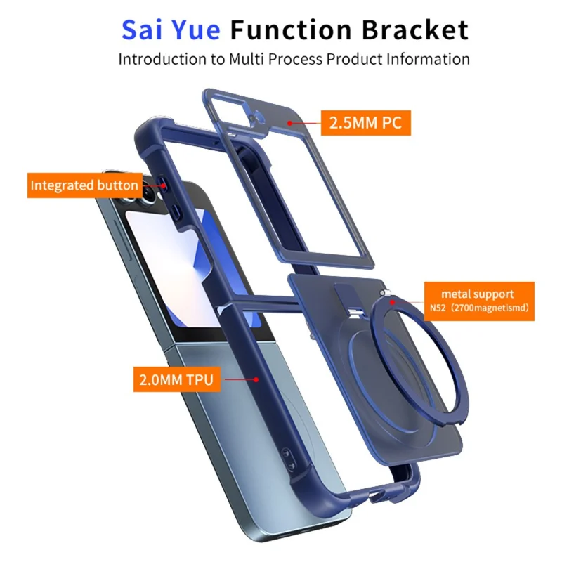 Per Samsung Galaxy Z Flip6 5G / Flip5 5G Cover Magnetica Antiurto TPU + PC con Supporto - Blu Scuro