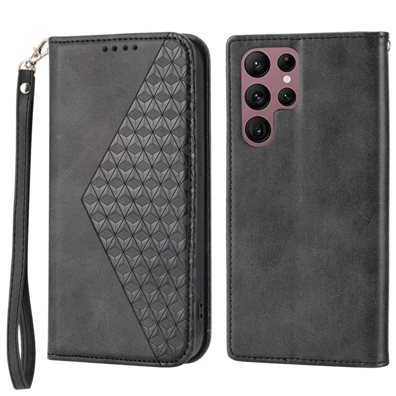 For Samsung Galaxy S22 Ultra 5G Calf Texture Wallet Stand Phone Case PU Leather Imprinted Rhombus Pattern Cover with Strap - Black