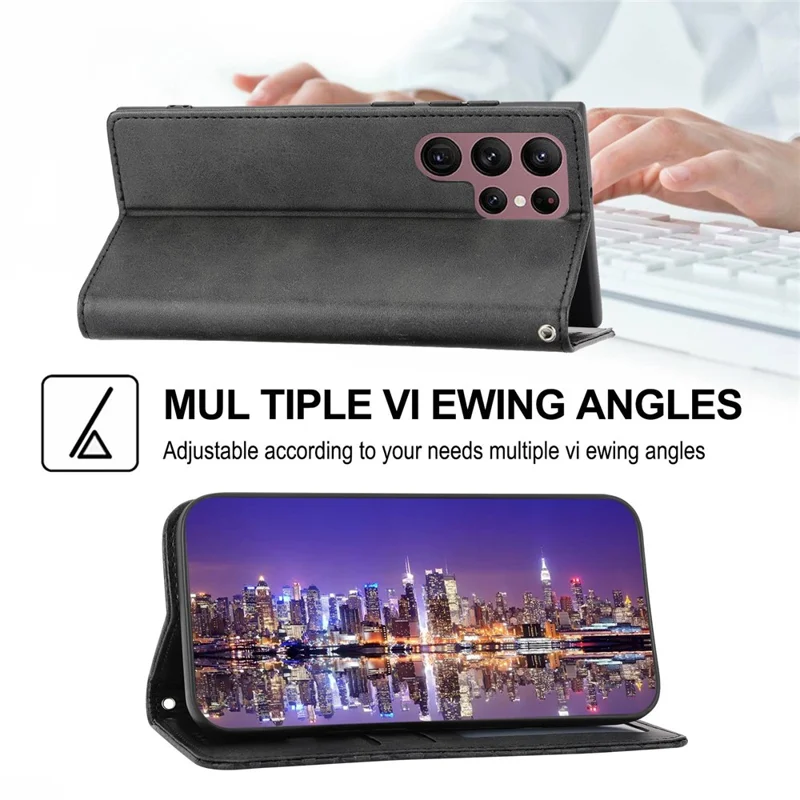 For Samsung Galaxy S22 Ultra 5G Calf Texture Wallet Stand Phone Case PU Leather Imprinted Rhombus Pattern Cover with Strap - Black