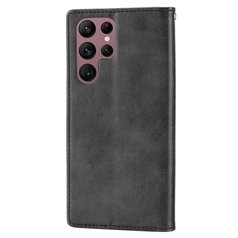 For Samsung Galaxy S22 Ultra 5G Calf Texture Wallet Stand Phone Case PU Leather Imprinted Rhombus Pattern Cover with Strap - Black