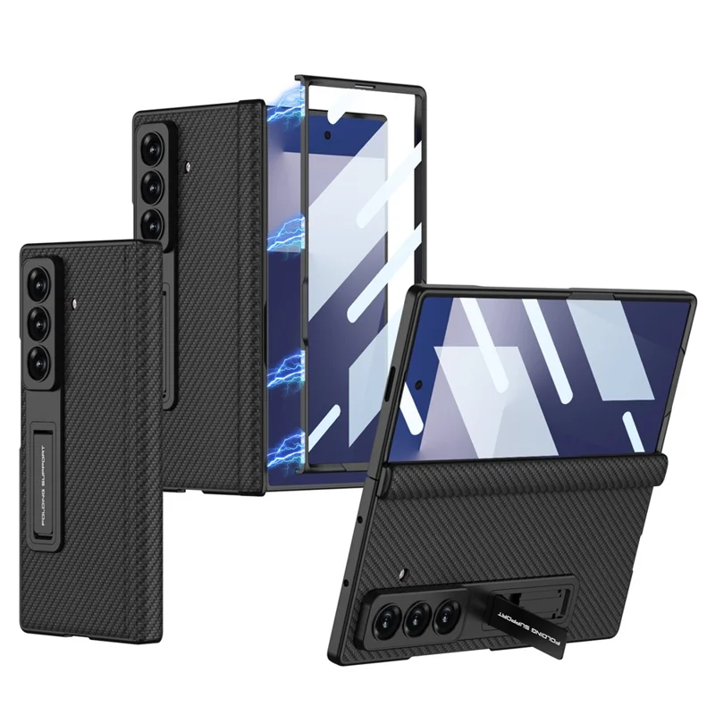 GKK For Samsung Galaxy Z Fold7 5G Case with Kickstand Hinge Protection PC + Tempered Glass Phone Cover - Carbon Fiber Texture