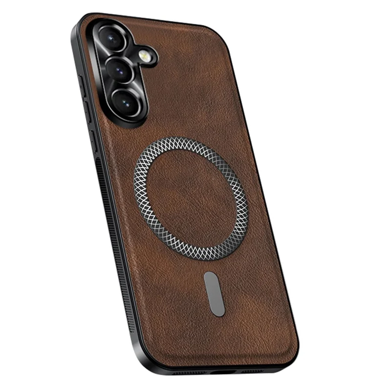 Funda para Samsung Galaxy S24 Compatible con MagSafe, PU TPU PC Carcasa Trasera con Marco de Lente Metálico - Marrón
