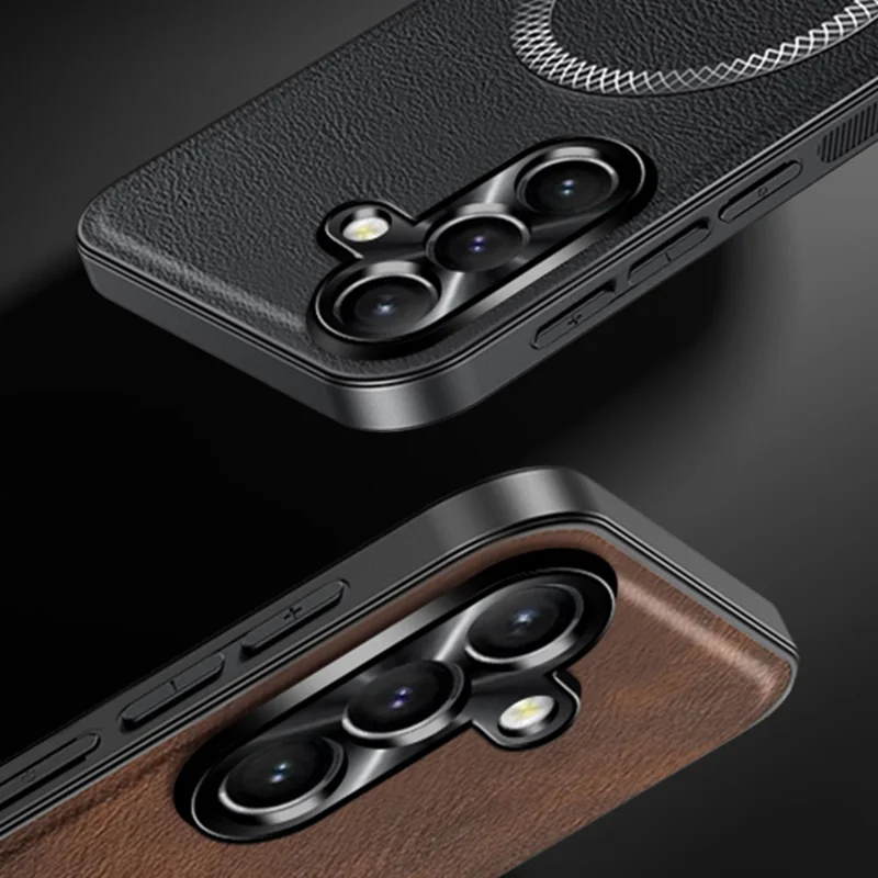 Funda para Samsung Galaxy S24 Compatible con MagSafe, PU TPU PC Carcasa Trasera con Marco de Lente Metálico - Marrón