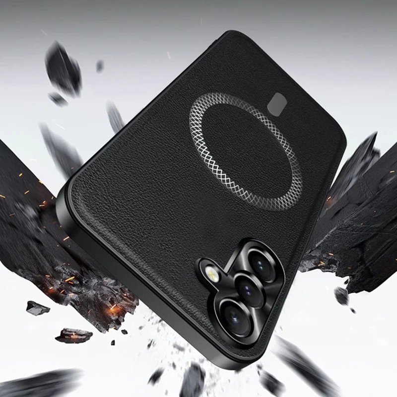 Pour Samsung Galaxy S24+ Étui Compatible avec MagSafe PU TPU PC Couvercle arrière de téléphone avec cadre métallique de l'objectif - Noir
