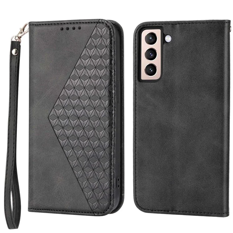 Per Samsung Galaxy S22 5G Exprinted Rhombus Pattern Wallet Stand Case Texture Copertura in Pelle Per Cuoio Con Cinturino Con Cinturino - Nero