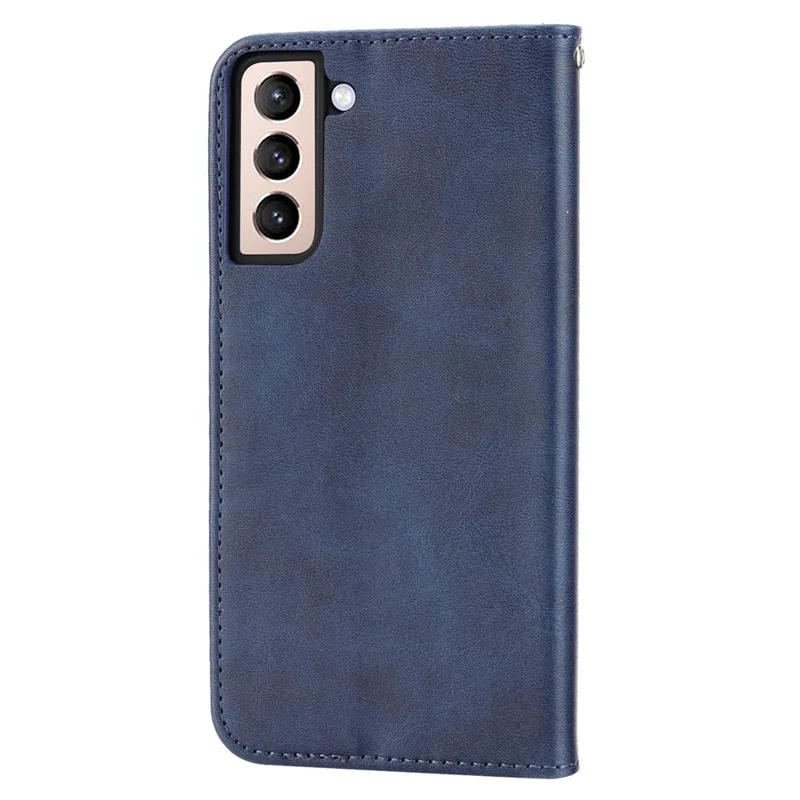 For Samsung Galaxy S22 5G Imprinted Rhombus Pattern Wallet Stand Phone Case Calf Texture PU Leather Shockproof Cover with Strap - Blue