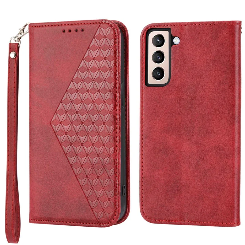 For Samsung Galaxy S22 5G Imprinted Rhombus Pattern Wallet Stand Phone Case Calf Texture PU Leather Shockproof Cover with Strap - Red
